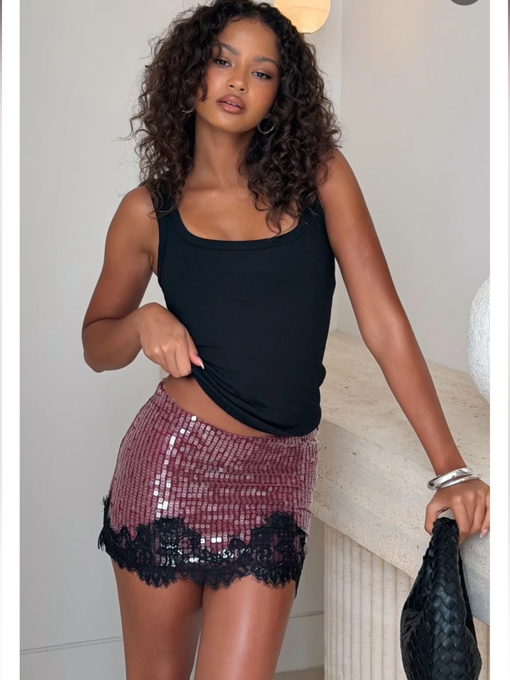 White Fox Boutique glimmer mini skirt in wine/black